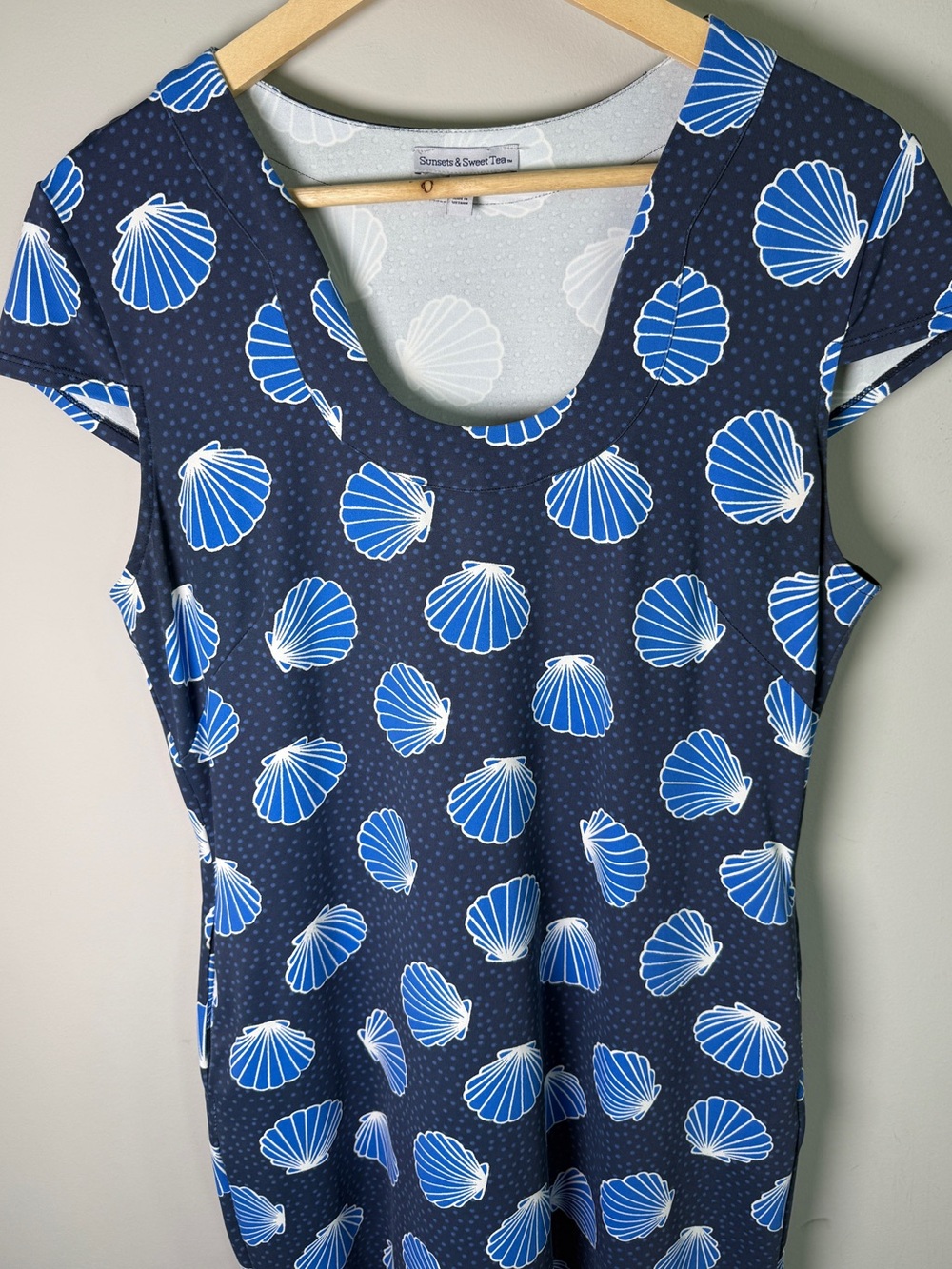Sunsets & Sweet Tea Navy Seashell Print Dress Pockets Coastal Nantucket Size L - Picture 2 of 7